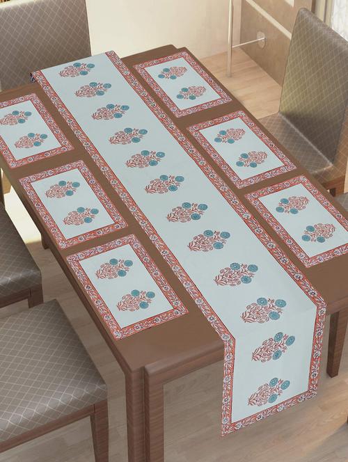 texstylers thick cotton canvas jaipuri block print 6 table mats and 1 runner set - 18450268 - Very Small Image - 1