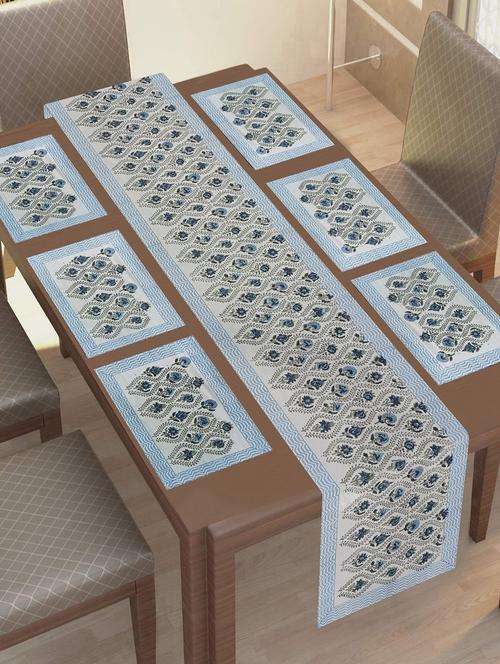 texstylers thick cotton canvas jaipuri block print 6 table mats and 1 runner set - 18450289 - Very Small Image - 1