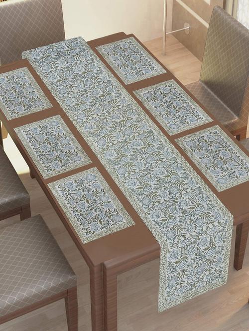 texstylers thick cotton canvas jaipuri block print 6 table mats and 1 runner set - 18450296 - Very Small Image - 1
