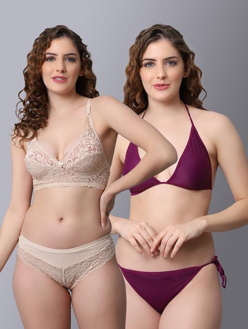 pack of 2 solid bra and panty set - 18450420 - Very Small Image - 1