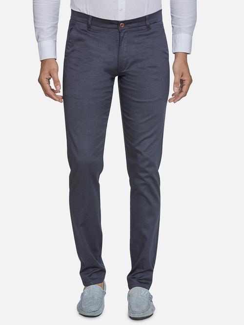 navy-blue textured flat front casual trouser - 18450645 - Very Small Image - 1