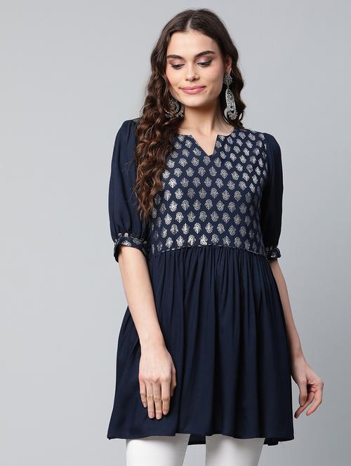 navy blue printed a-line top - 18450924 - Very Small Image - 1