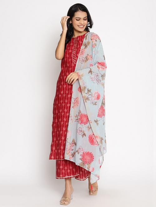 ikat printed kurta palazzo and duppta set - 18451101 - Very Small Image - 1