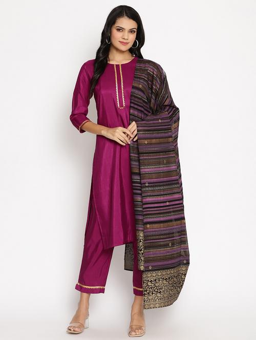 solid kurta pant set with striped print dupatta - 18451127 - Very Small Image - 1