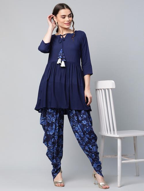navy blue solid kurti dhoti set - 18451155 - Very Small Image - 1