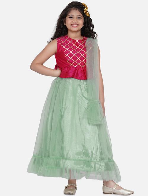 girls green gota patti work lehnga choli set with dupatta - 18451414 - Very Small Image - 1