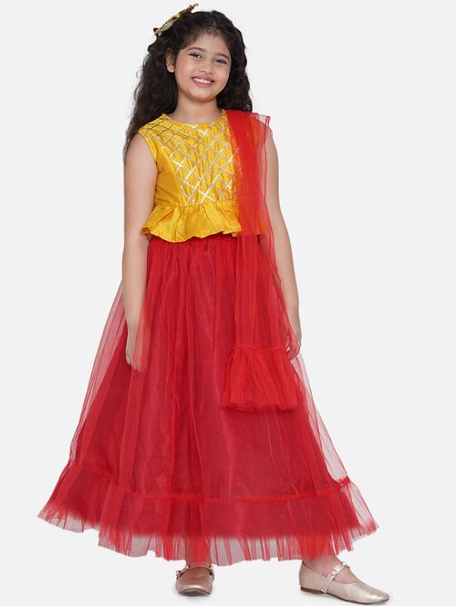 girls red gota patti work lehnga choli set with dupatta - 18451419 - Very Small Image - 1