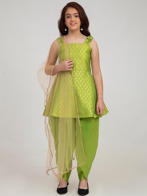 girls green printed kurta salwar set with dupatta - 18451477 - Very Small Image - 1
