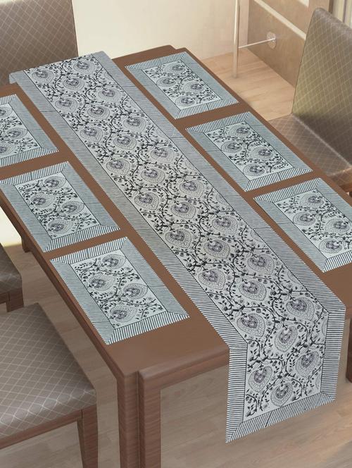 texstylehome thick cotton canvas jaipuri block print 6 table mats and 1 runner set - 18452262 - Very Small Image - 1