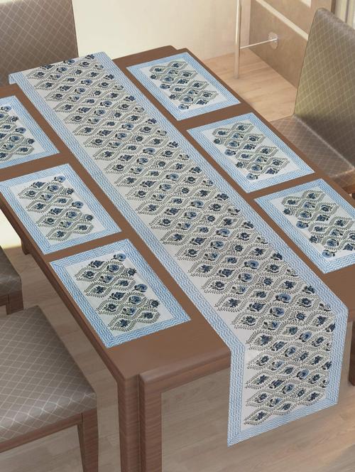 texstylehome thick cotton canvas jaipuri block print 6 table mats and 1 runner set - 18452267 - Very Small Image - 1
