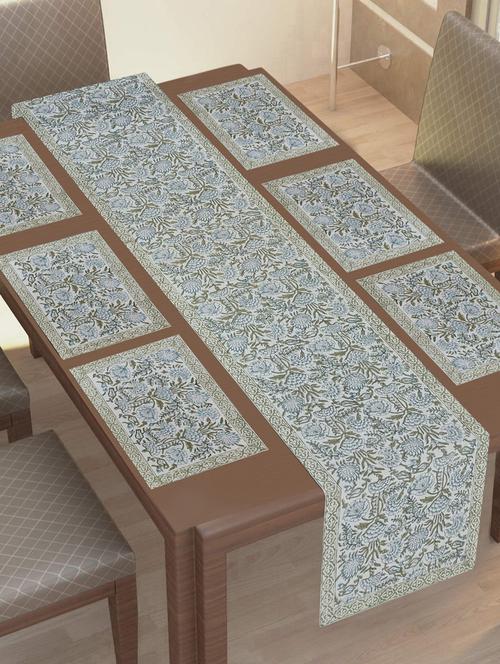 texstylehome thick cotton canvas jaipuri block print 6 table mats and 1 runner set - 18452274 - Very Small Image - 1