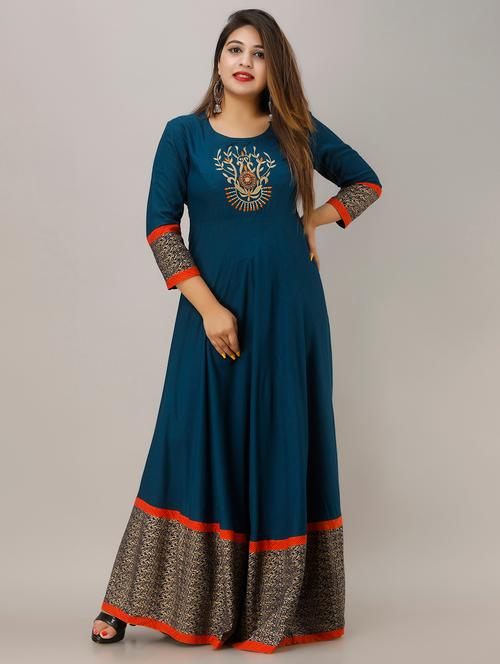 teal embroidered flared gown - 18454348 - Very Small Image - 1