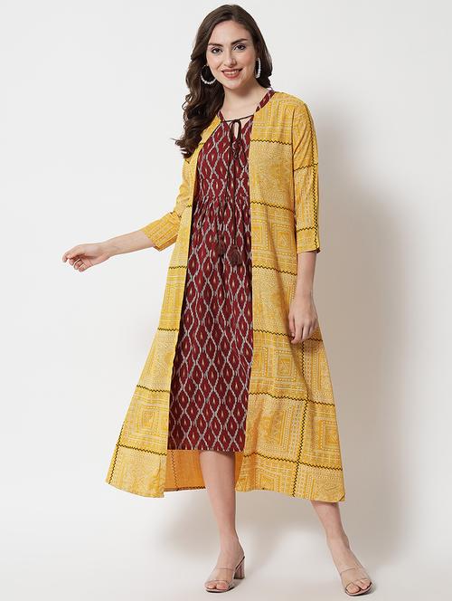ikat print layered ethnic dress with long shrug - 18454359 - Very Small Image - 1