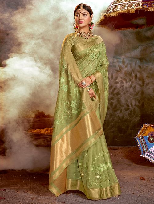 golden zari work embroidered saree with blouse - 18454715 - Very Small Image - 1
