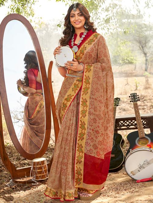 contrast bordered self design woven saree with blouse - 18454750 - Very Small Image - 1