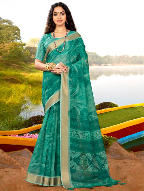 contrast bordered self design woven saree with blouse - 18454773 - Very Small Image - 1
