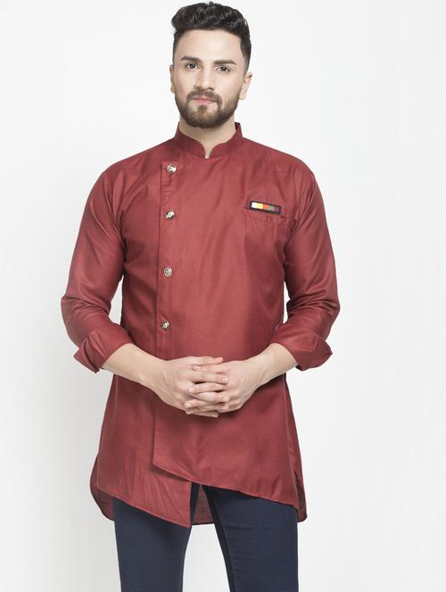 men solid mandarin neck asymmetric kurta - 18455056 - Very Small Image - 1