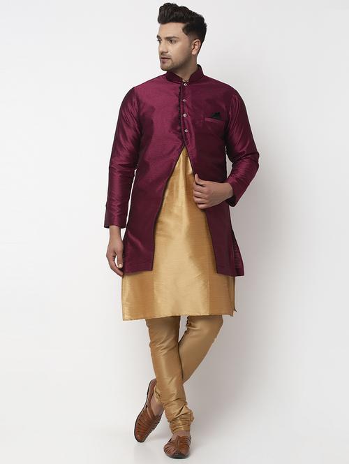 copper solid kurta pyjama with self-designed jacket - 18455744 - Very Small Image - 1