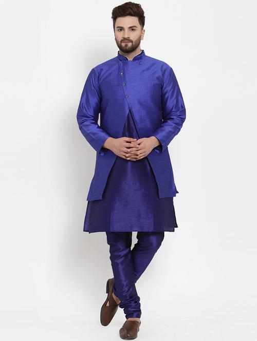 navy-blue solid kurta pyjama with self-design jacket - 18455748 - Very Small Image - 1