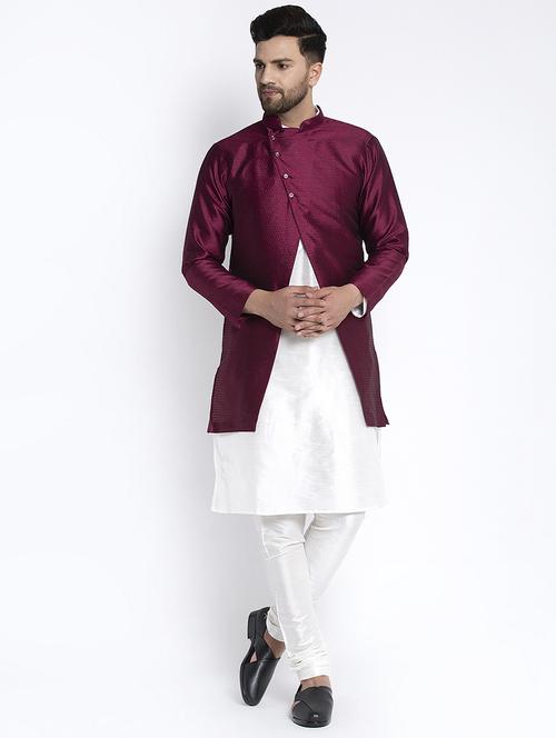 white solid kurta pyjama with self-designed jacket - 18455766 - Very Small Image - 1