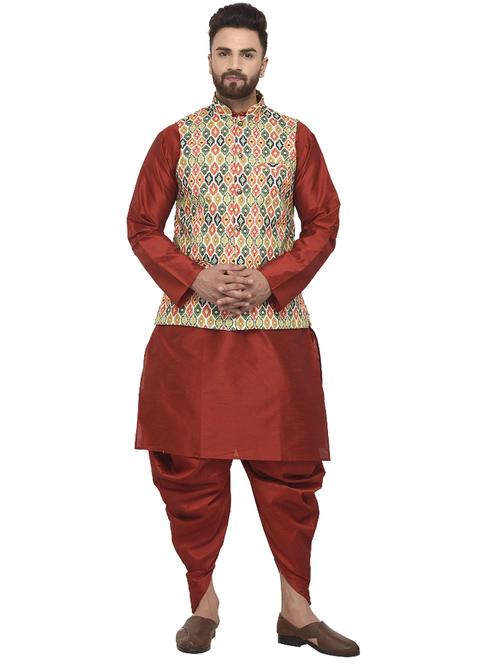 maroon solid kurta pyjama with jacket - 18455796 - Very Small Image - 1