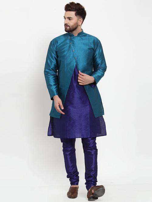 navy-blue solid kurta pyjama with jacket - 18455840 - Very Small Image - 1