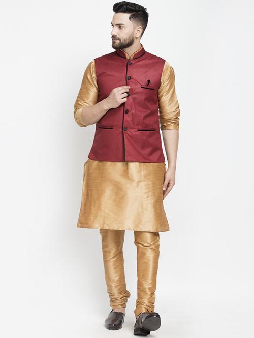 copper solid kurta pyjama with nehru-jacket - 18455882 - Very Small Image - 1