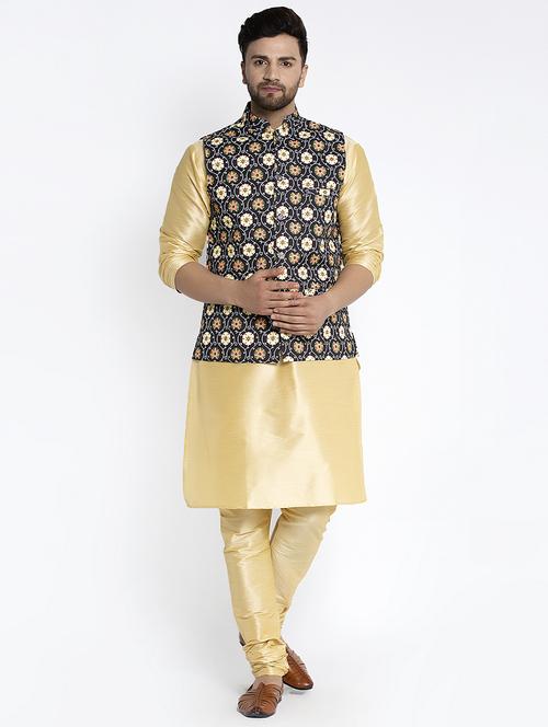 gold solid kurta pyjama with printed nehru-jacket - 18455941 - Very Small Image - 1