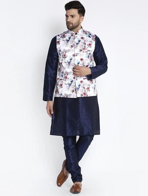 navy pure solid kurta pyjama with printed nehru-jacket - 18455948 - Very Small Image - 1