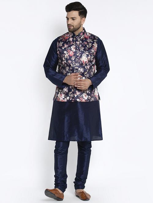 navy pure solid kurta pyjama with printed nehru-jacket - 18455949 - Very Small Image - 1