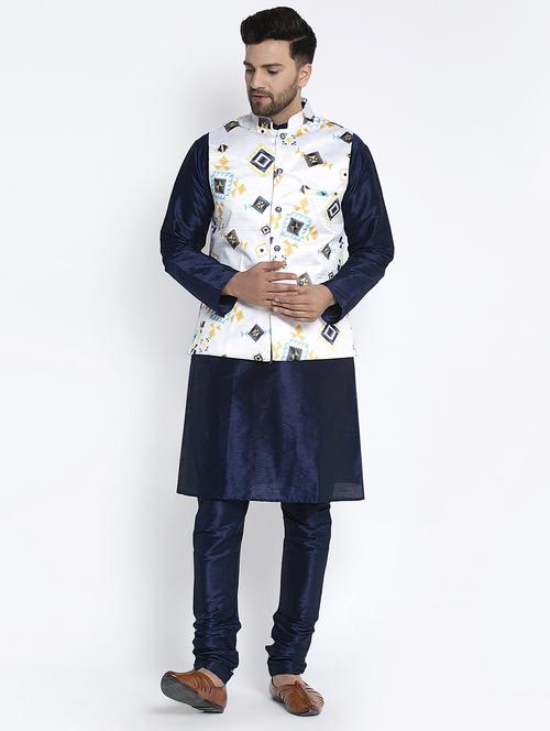 navy pure solid kurta pyjama with printed nehru-jacket - 18455951 - Very Small Image - 1