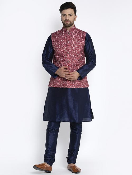 navy pure solid kurta pyjama with printed nehru-jacket - 18455953 - Very Small Image - 1