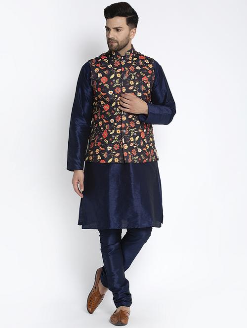 navy pure solid kurta pyjama with printed nehru-jacket - 18455957 - Very Small Image - 1