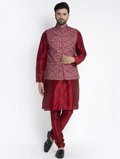 maroon solid kurta pyjama with printed nehru-jacket - 18455983 - Very Small Image - 1