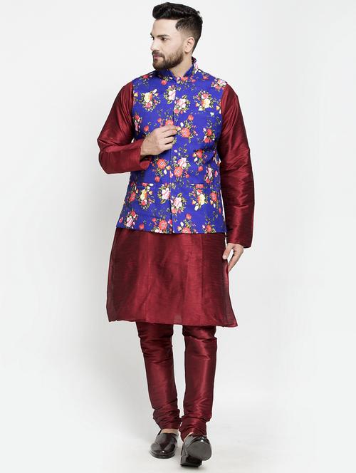 maroon solid kurta pyjama with printed nehru-jacket - 18455987 - Very Small Image - 1