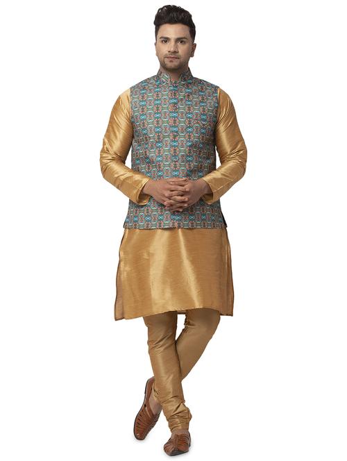 copper solid kurta pyjama with printed nehru jacket - 18456019 - Very Small Image - 1
