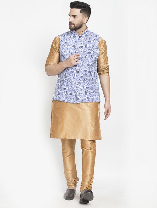 copper solid kurta pyjama with printed nehru jacket - 18456024 - Very Small Image - 1