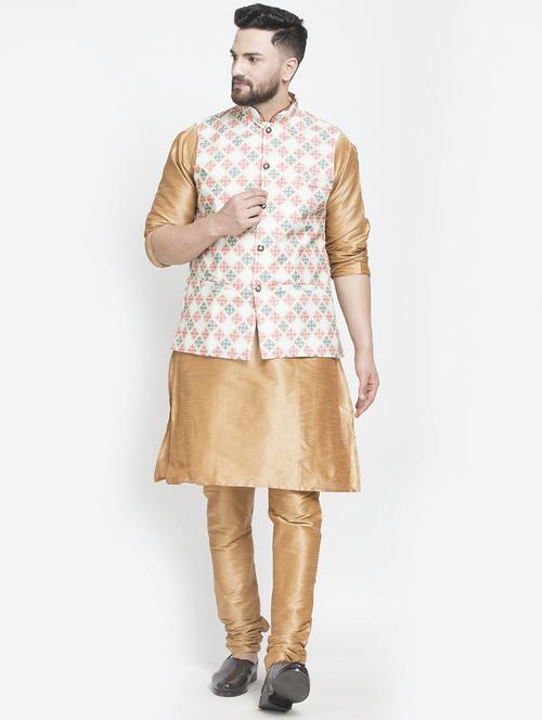 copper solid kurta pyjama with printed nehru jacket - 18456026 - Very Small Image - 1