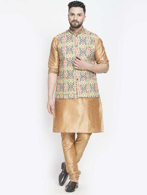 copper solid kurta pyjama with printed nehru jacket - 18456027 - Very Small Image - 1
