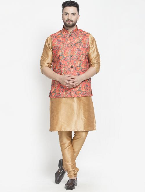 copper solid kurta pyjama with printed nehru jacket - 18456032 - Very Small Image - 1