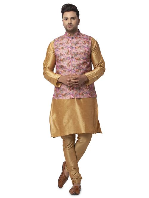 copper solid kurta pyjama with printed nehru jacket - 18456034 - Very Small Image - 1