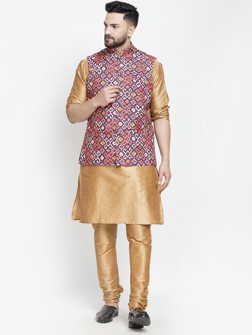 copper solid kurta pyjama with printed nehru jacket - 18456038 - Very Small Image - 1