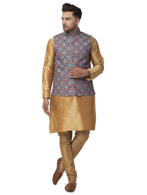 copper solid kurta pyjama with printed nehru jacket - 18456042 - Very Small Image - 1