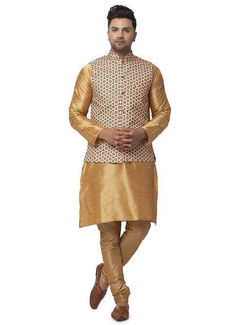 copper solid kurta pyjama with printed nehru jacket - 18456043 - Very Small Image - 1