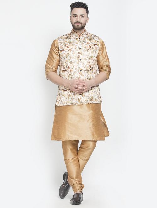 copper solid kurta pyjama with printed nehru jacket - 18456047 - Very Small Image - 1