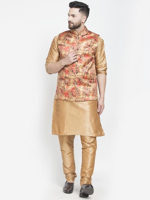 copper solid kurta pyjama with printed nehru jacket - 18456049 - Very Small Image - 1