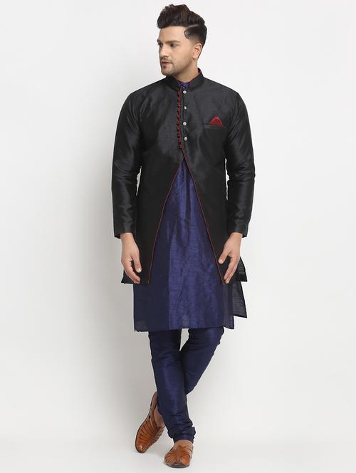 navy solid kurta pyjama with self-design jacket - 18456051 - Very Small Image - 1