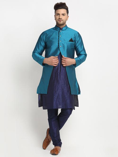 navy solid kurta pyjama self-designed jacket - 18456054 - Very Small Image - 1