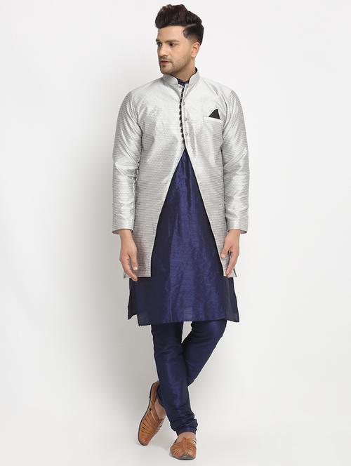navy solid kurta pyjama with self-designed jacket - 18456059 - Very Small Image - 1