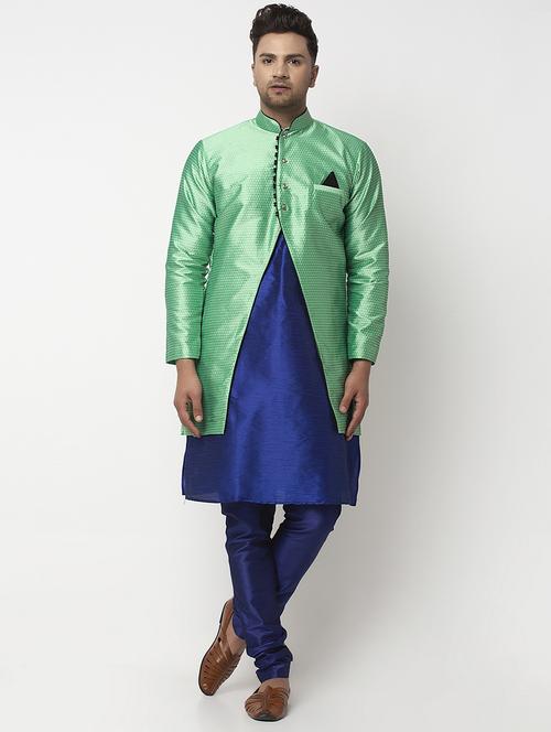 navy solid kurta pyjama with self-designed jacket - 18456064 - Very Small Image - 1